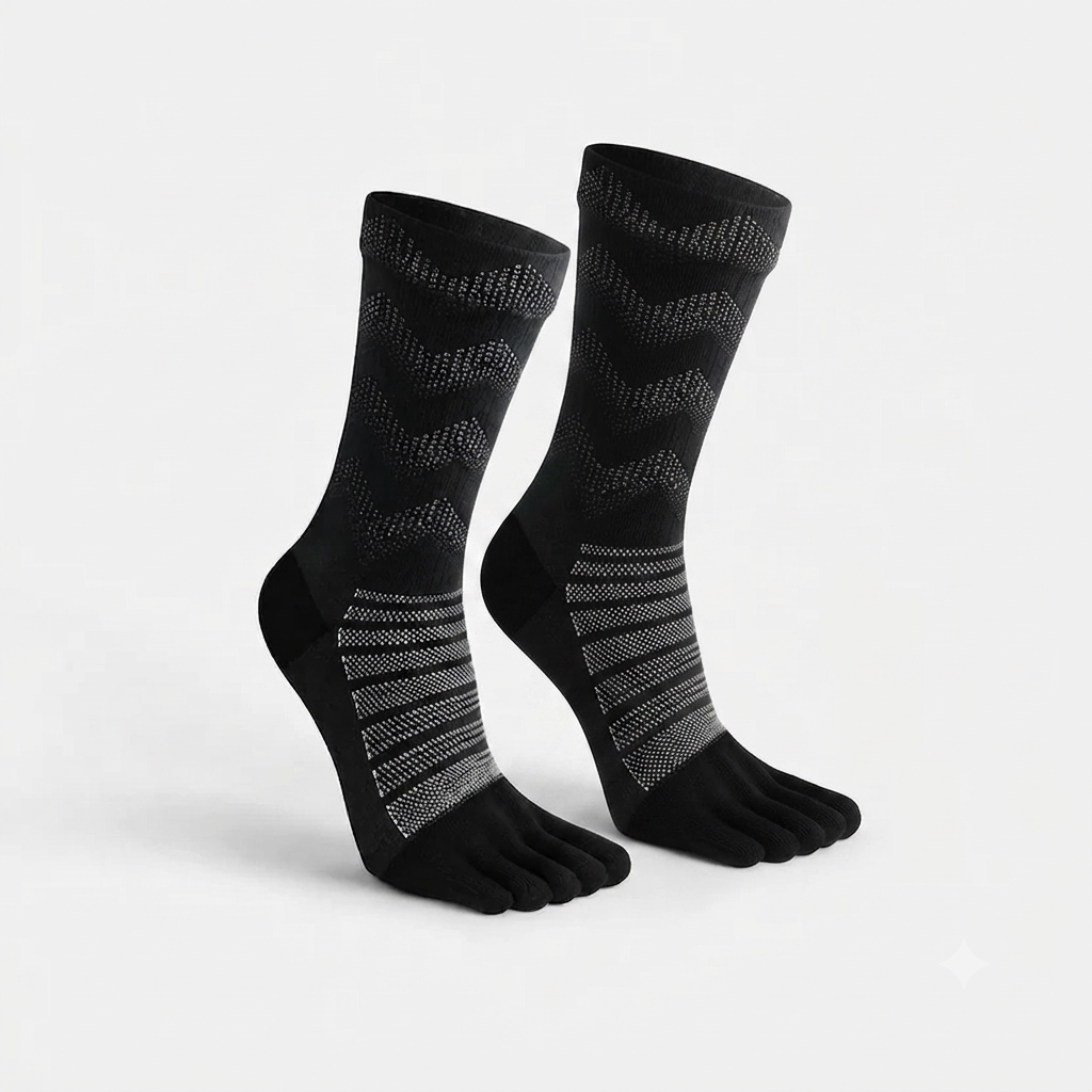 Chaussettes Foulée Mérinos Longues noires à 5 orteils, chaussettes trail en laine mérinos